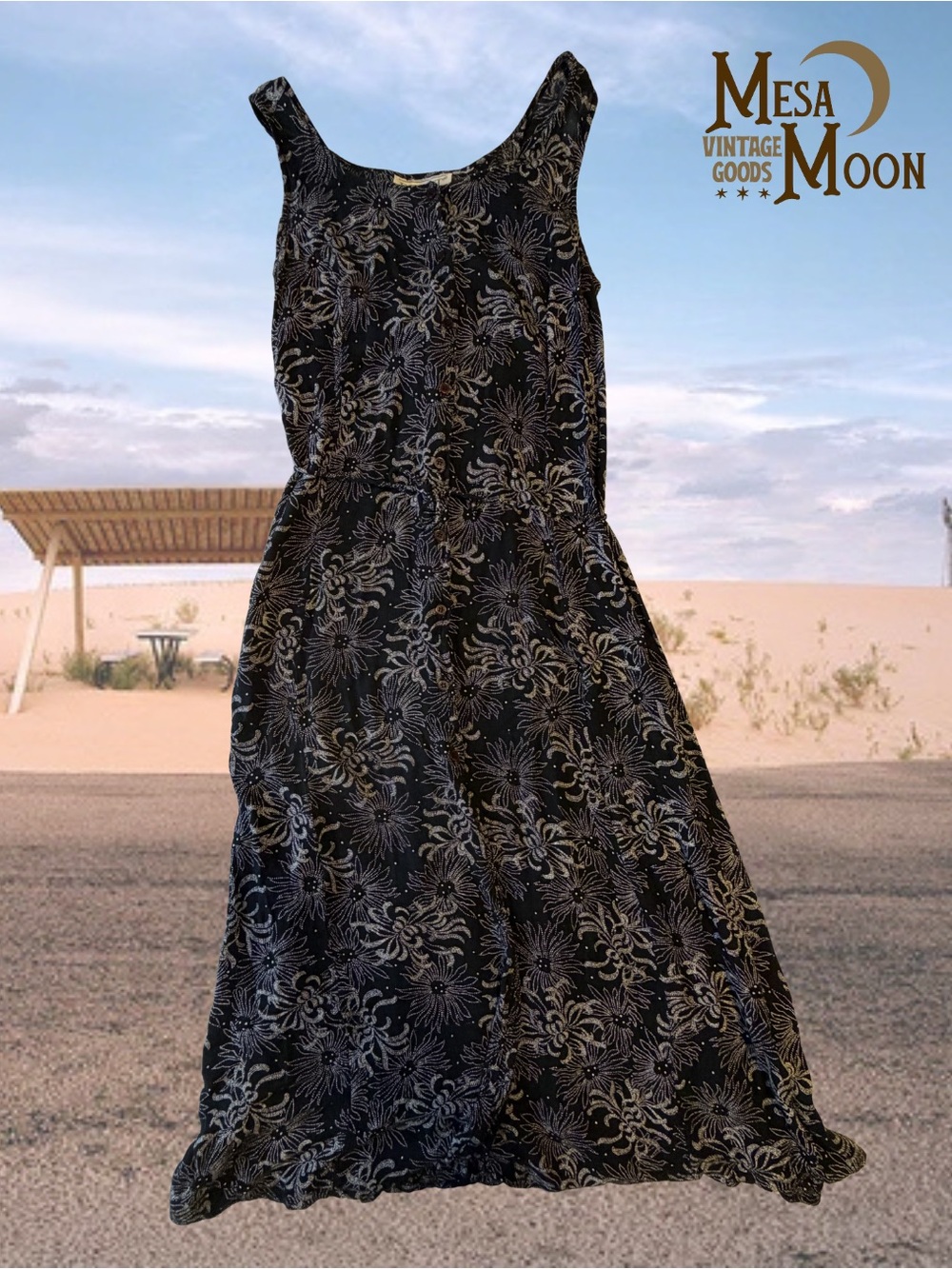 Vintage Black Floral Sleeveless Midi Dress